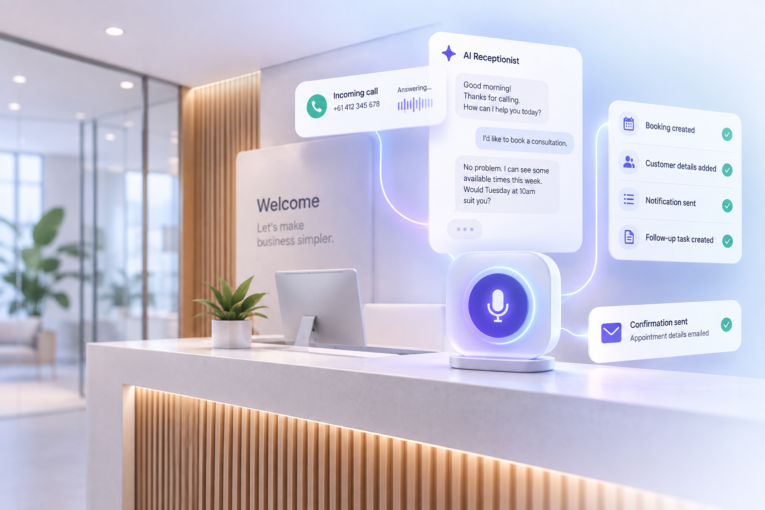An unattended reception desk with an AI assistant taking an incoming call, booking a consultation and logging the follow-up tasks