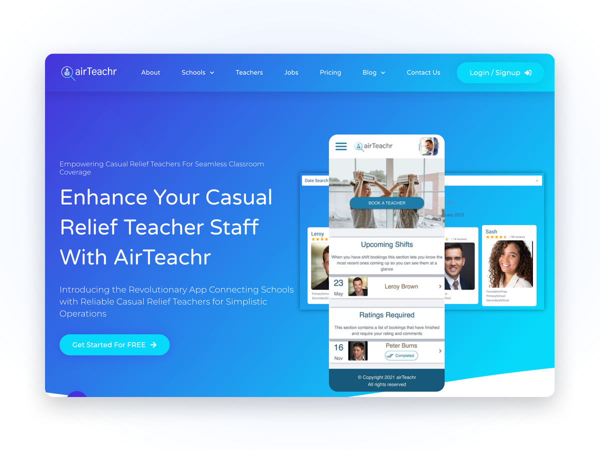 The AirTeachr website, showing the booking and shift management interface