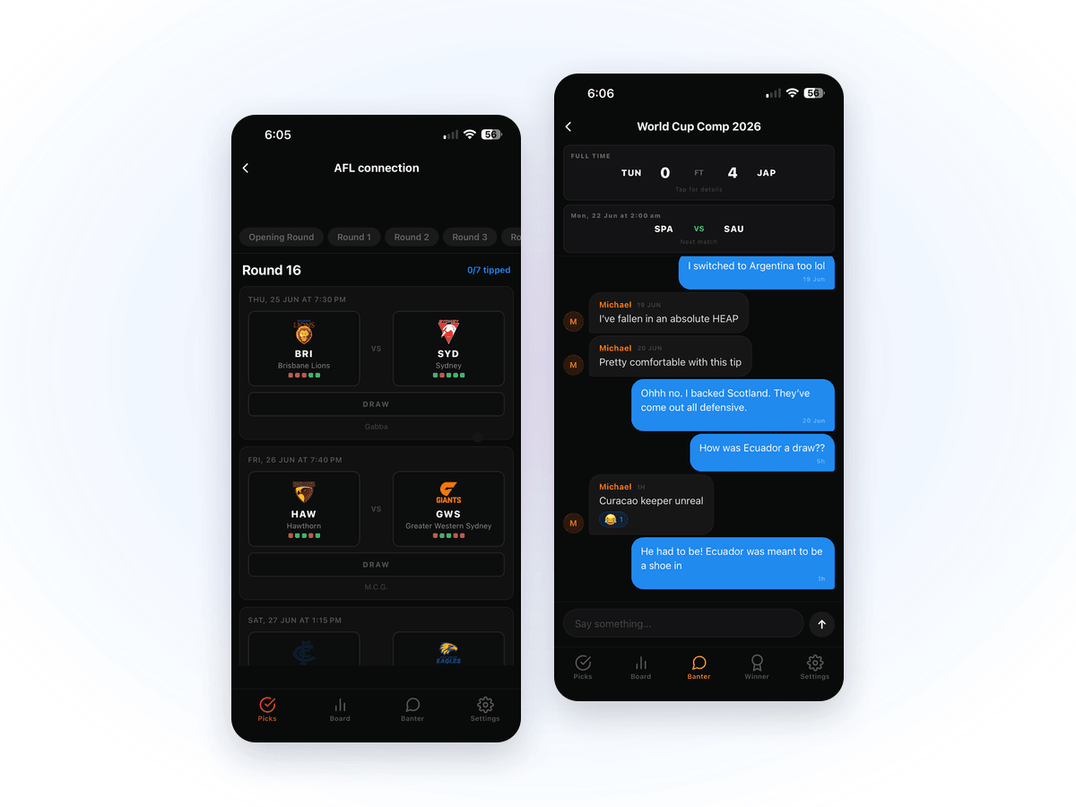 Two Echo app screens: a round of tipping selections, and the in-app group chat