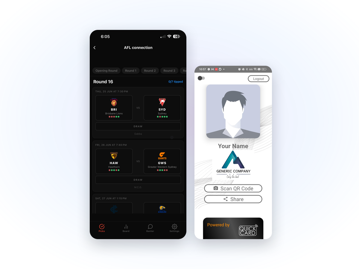 Two app screens showing platform-native controls and layout