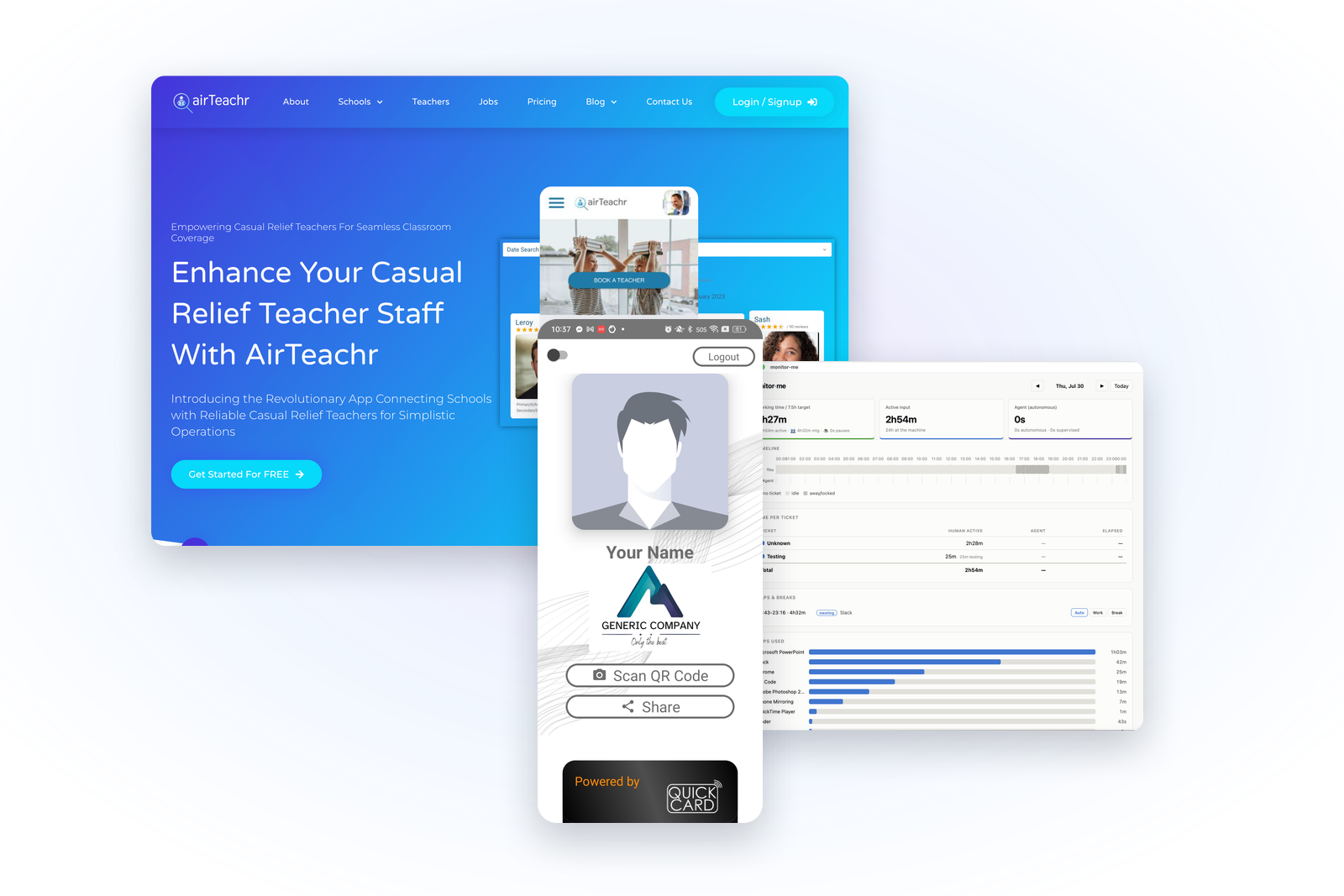 The AirTeachr platform, the Quick Card app and the Monitor Me time tracker shown together