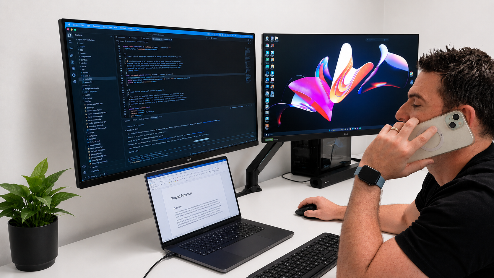 Jarom taking a call at his desk with a project proposal open