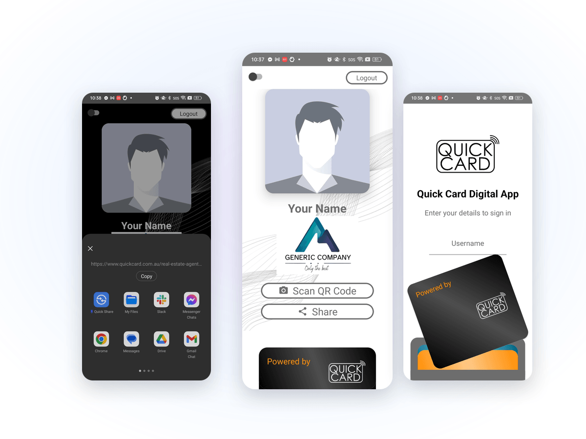 Three Quick Card app screens: a digital profile card, the share sheet and a scanned card