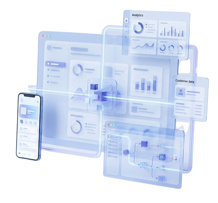 A dashboard, analytics panels, a customer record and a workflow diagram connected around a central hub, with a phone alongside